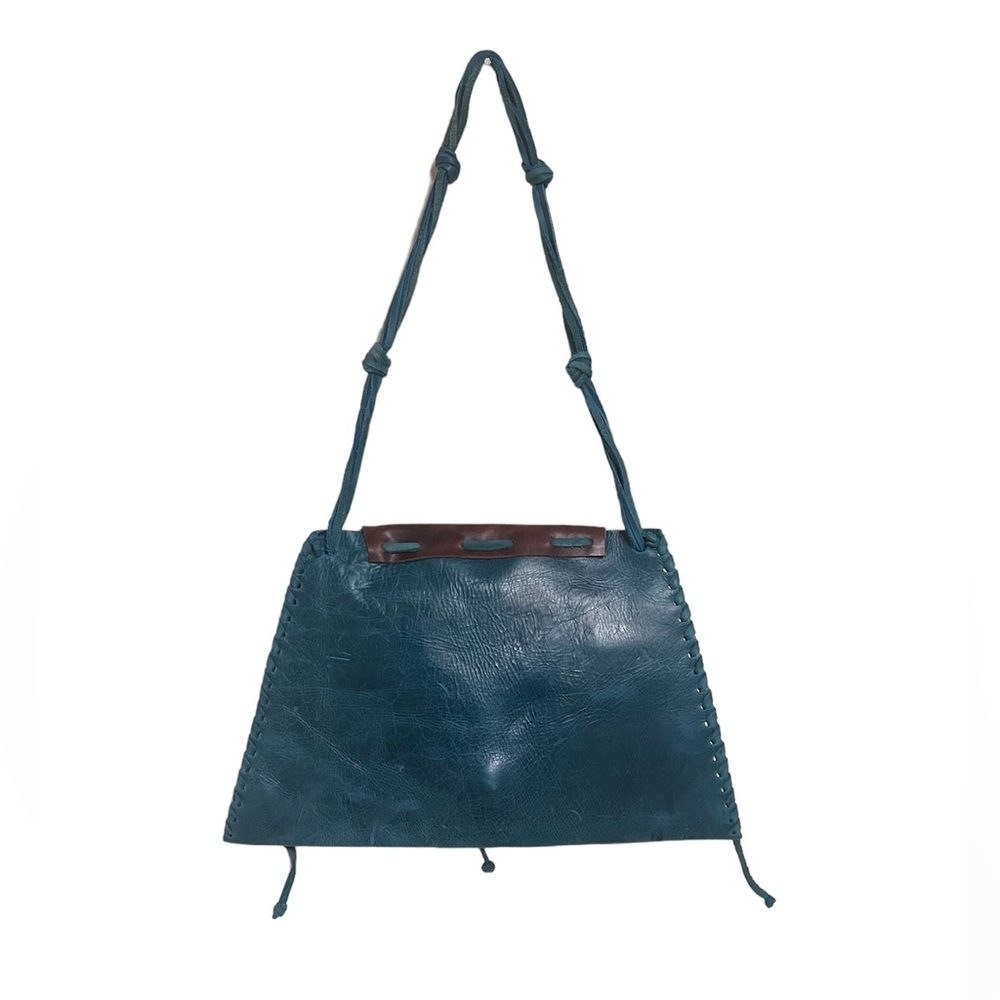 Western Boho Handmade Teal and Brown Leather Shoulder Bag - Picture 2 of 6